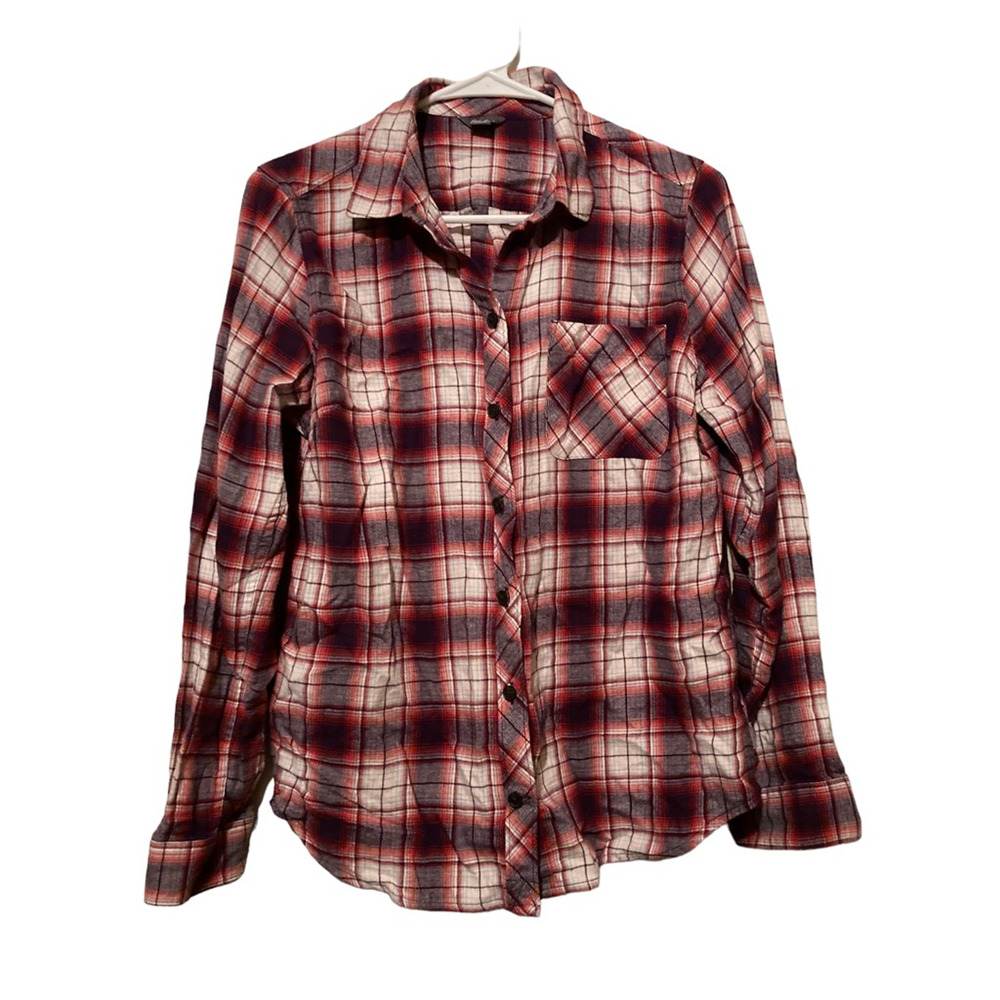 Eddie Bauer Womens Button Front Shirt Purple Plaid Long Sleeve Pockets Flannel M